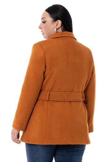 Büyük Beden Gömlek Yaka Kapaklı Cepli Kuşaklı Astarlı Tarçın Rengi Kaşe Kaban