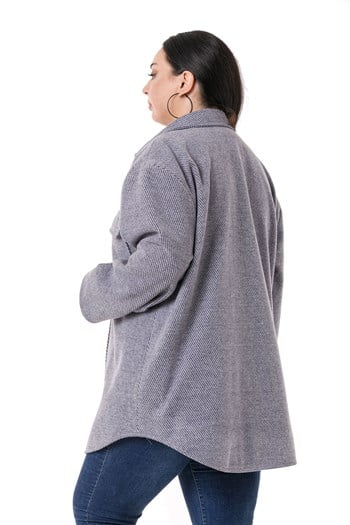 Büyük Beden Gömlek Yaka Kapaklı Cepli Astarlı Balıksırtı Dokuma Lacivert Kaban