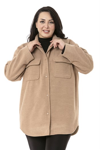 Büyük Beden Gömlek Yaka Kapaklı Cepli Astarlı Balıksırtı Dokuma Camel Kaban