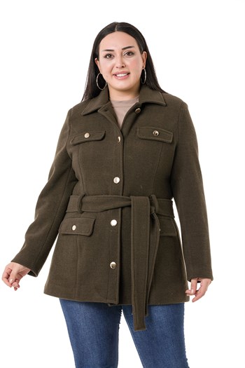 Büyük Beden Gömlek Yaka Kapaklı Cepli Kuşaklı Astarlı Haki Kaşe Kaban