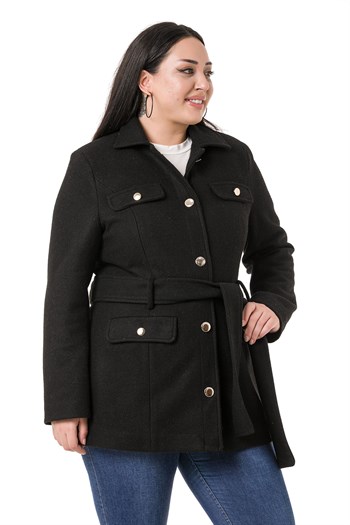 Büyük Beden Gömlek Yaka Kapaklı Cepli Kuşaklı Astarlı Siyah Kaşe Kaban