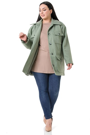 Büyük Beden Gömlek Yaka Kapaklı Cepli Astarlı Yeşil Kaşe Kaban