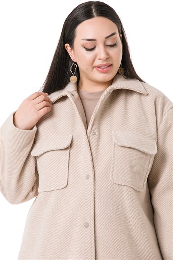 Büyük Beden Gömlek Yaka Kapaklı Cepli Astarlı Balıksırtı Dokuma Bej Kaban
