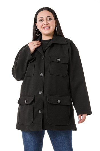Büyük Beden Gömlek Yaka Kapaklı Cepli Astarlı Siyah Kaşe Kaban