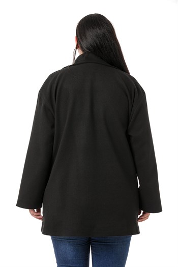 Büyük Beden Gömlek Yaka Kapaklı Cepli Astarlı Siyah Kaşe Kaban