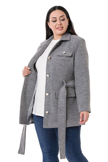 Büyük Beden Gömlek Yaka Kapaklı Cepli Kuşaklı Astarlı Gri Kaşe Kaban