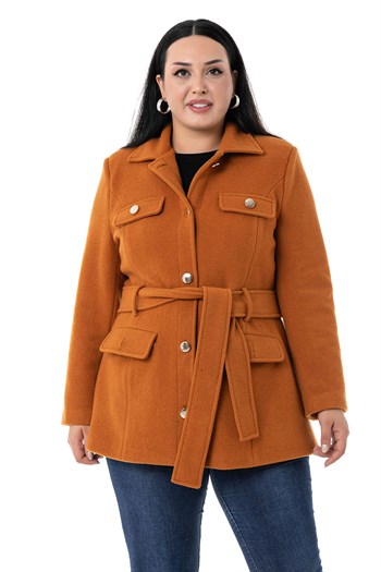 Büyük Beden Gömlek Yaka Kapaklı Cepli Kuşaklı Astarlı Tarçın Rengi Kaşe Kaban