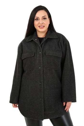 Büyük Beden Gömlek Yaka Kapaklı Cepli Astarlı Balıksırtı Dokuma Siyah Kaban