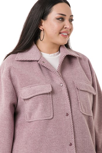 Büyük Beden Gömlek Yaka Kapaklı Cepli Astarlı Balıksırtı Dokuma Pudra Kaban