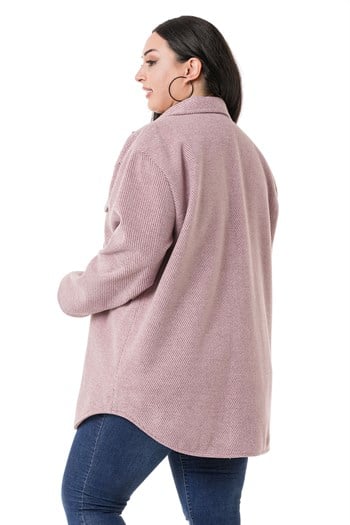 Büyük Beden Gömlek Yaka Kapaklı Cepli Astarlı Balıksırtı Dokuma Pudra Kaban