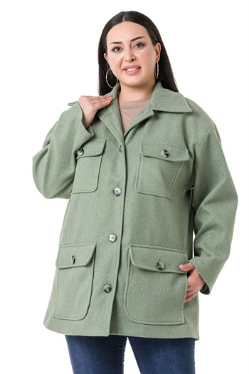 Büyük Beden Gömlek Yaka Kapaklı Cepli Astarlı Yeşil Kaşe Kaban