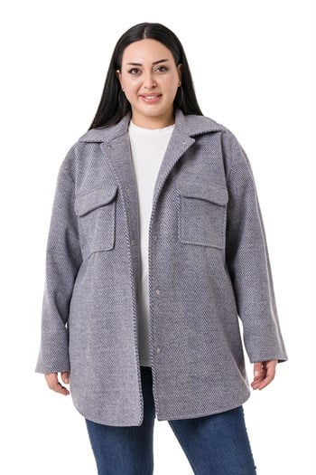 Büyük Beden Gömlek Yaka Kapaklı Cepli Astarlı Balıksırtı Dokuma Lacivert Kaban