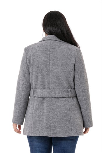 Büyük Beden Gömlek Yaka Kapaklı Cepli Kuşaklı Astarlı Gri Kaşe Kaban