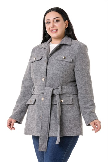 Büyük Beden Gömlek Yaka Kapaklı Cepli Kuşaklı Astarlı Gri Kaşe Kaban