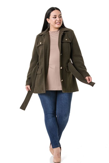 Büyük Beden Gömlek Yaka Kapaklı Cepli Kuşaklı Astarlı Haki Kaşe Kaban