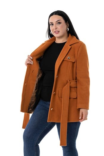 Büyük Beden Gömlek Yaka Kapaklı Cepli Kuşaklı Astarlı Tarçın Rengi Kaşe Kaban