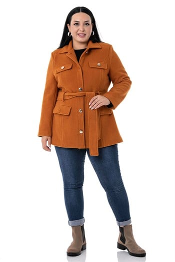 Büyük Beden Gömlek Yaka Kapaklı Cepli Kuşaklı Astarlı Tarçın Rengi Kaşe Kaban