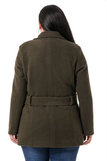 Büyük Beden Gömlek Yaka Kapaklı Cepli Kuşaklı Astarlı Haki Kaşe Kaban