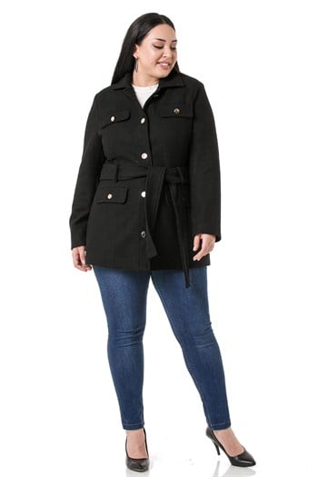 Büyük Beden Gömlek Yaka Kapaklı Cepli Kuşaklı Astarlı Siyah Kaşe Kaban