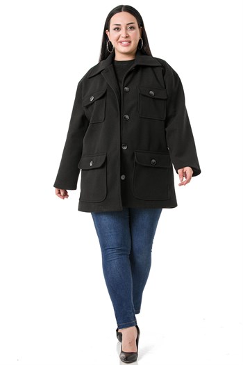 Büyük Beden Gömlek Yaka Kapaklı Cepli Astarlı Siyah Kaşe Kaban