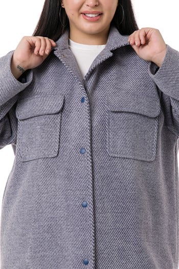 Büyük Beden Gömlek Yaka Kapaklı Cepli Astarlı Balıksırtı Dokuma Lacivert Kaban