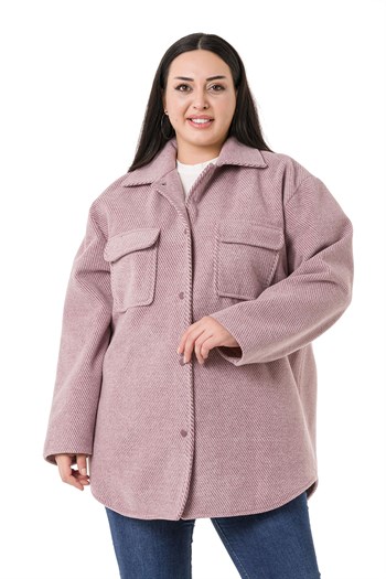 Büyük Beden Gömlek Yaka Kapaklı Cepli Astarlı Balıksırtı Dokuma Pudra Kaban
