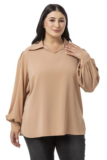 Büyük Beden Gömlek Yaka Manşetli Yanı Yırtmaçlı Camel Bluz