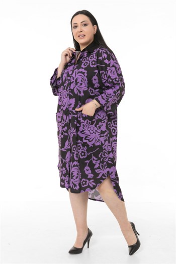 Plus Size Shirt Collar Bag Pocket Sleeve Detailed Asymmetrical Lilac Floral Shirt Dress
