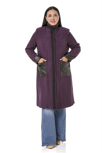 Büyük Beden Hakim Yaka Deri Garnili Dantel Detaylı Çıtçıtlı Astarsız Mürdüm Kaban