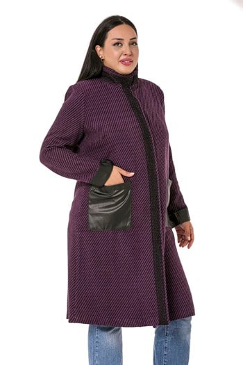 Büyük Beden Hakim Yaka Deri Garnili Dantel Detaylı Çıtçıtlı Astarsız Mürdüm Kaban