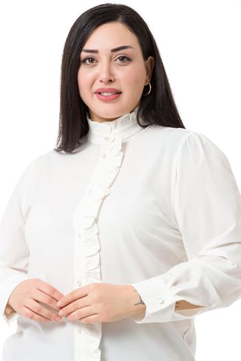 Büyük Beden Hakim Yaka Ön Patı ve Yakası Fırfırlı Beyaz Gömlek