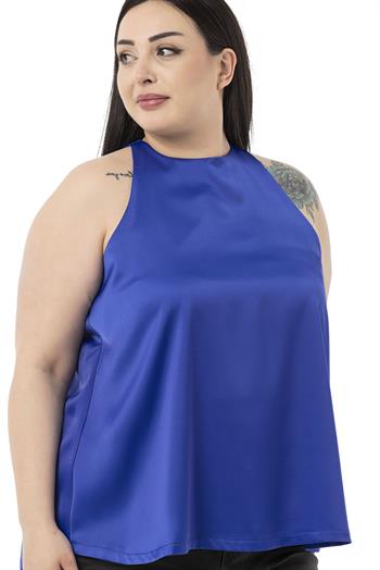 Plus Size Halter Neck Satin Textured Lined Parliament Blue Blouse