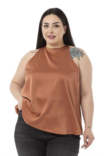 Plus Size Halter Neck Satin Textured Lined Cinnamon Blouse