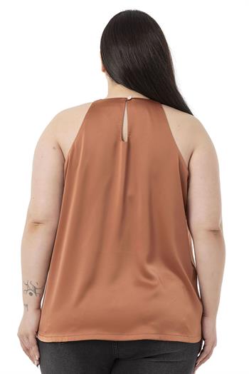 Plus Size Halter Neck Satin Textured Lined Cinnamon Blouse