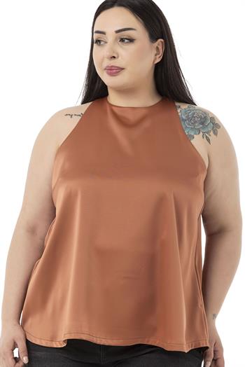Plus Size Halter Neck Satin Textured Lined Cinnamon Blouse