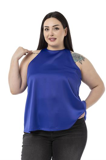 Plus Size Halter Neck Satin Textured Lined Parliament Blue Blouse