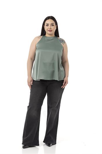 Plus Size Halter Neck Satin Textured Lined Mint Blouse