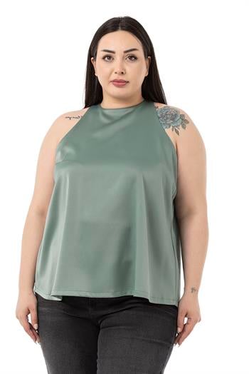 Plus Size Halter Neck Satin Textured Lined Mint Blouse