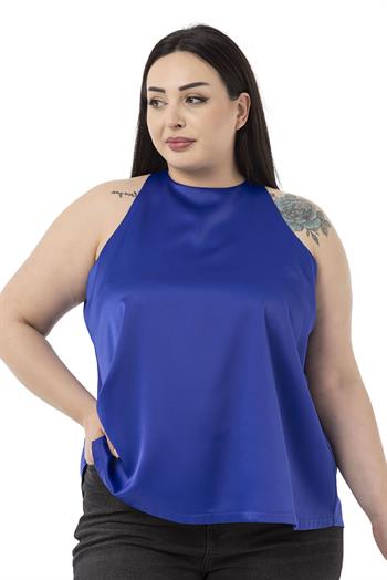Plus Size Halter Neck Satin Textured Lined Parliament Blue Blouse