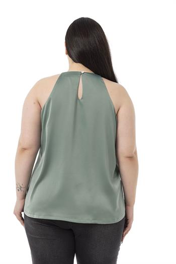 Plus Size Halter Neck Satin Textured Lined Mint Blouse