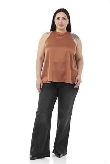 Plus Size Halter Neck Satin Textured Lined Cinnamon Blouse