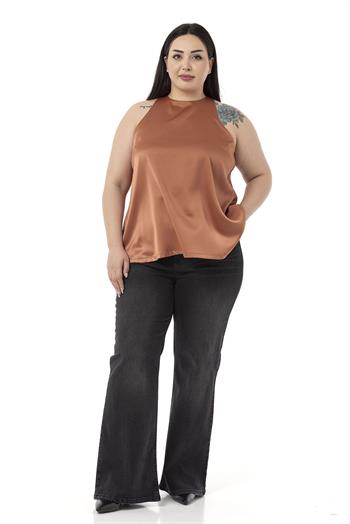 Plus Size Halter Neck Satin Textured Lined Cinnamon Blouse