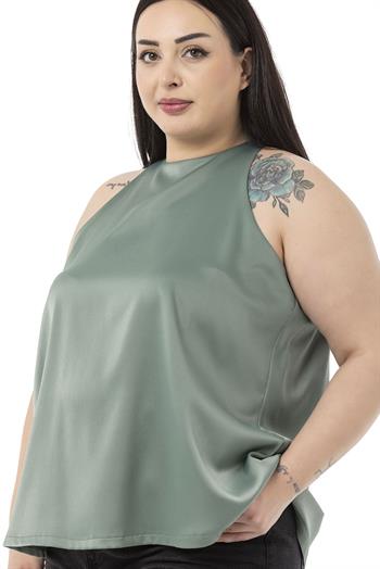 Plus Size Halter Neck Satin Textured Lined Mint Blouse