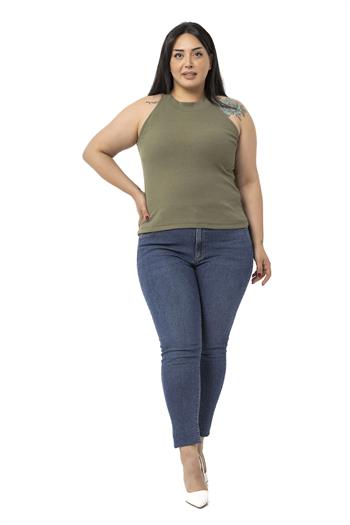 Büyük Beden Halter Yaka Yarım Balıkçı Fitilli Kaşkorse Haki Body