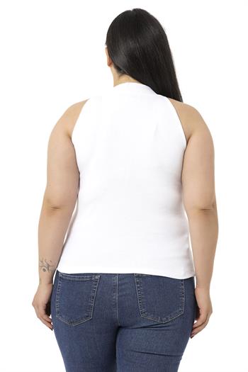 Büyük Beden Halter Yaka Yarım Balıkçı Fitilli Kaşkorse Beyaz Body