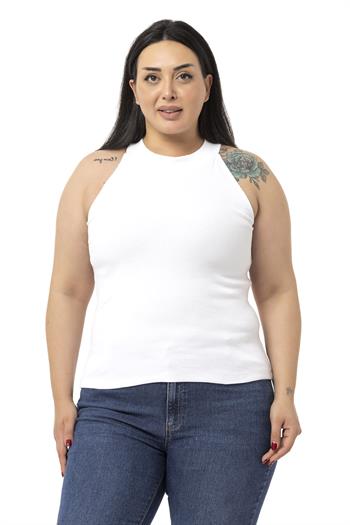 Büyük Beden Halter Yaka Yarım Balıkçı Fitilli Kaşkorse Beyaz Body