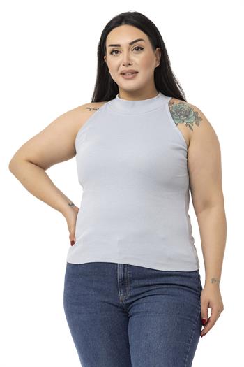 Büyük Beden Halter Yaka Yarım Balıkçı Fitilli Kaşkorse Gri Body