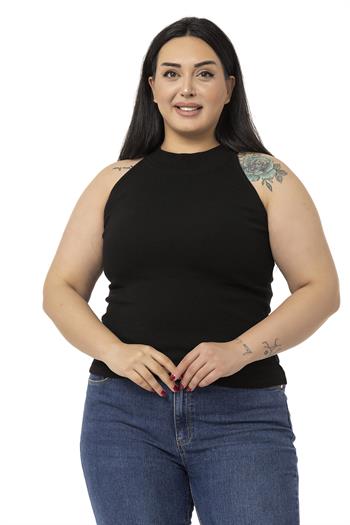 Büyük Beden Halter Yaka Yarım Balıkçı Fitilli Kaşkorse Siyah Body