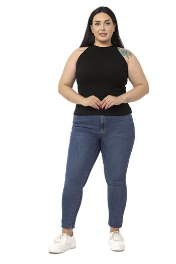Büyük Beden Halter Yaka Yarım Balıkçı Fitilli Kaşkorse Siyah Body