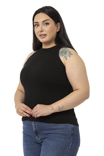 Büyük Beden Halter Yaka Yarım Balıkçı Fitilli Kaşkorse Siyah Body